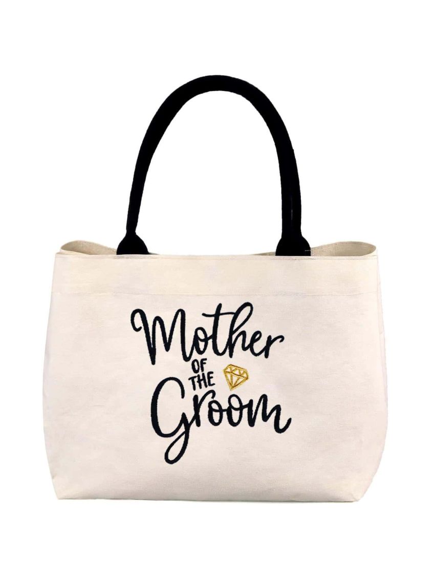 BeeGreen Bridal Shower Gifts for Mother of the Groom Canvas Tote Bag Pocket & Magnetic Snaps Wedding Shower Gifts with Handle & Bottom Gusset Personalized Embroidery Bag for Wedding