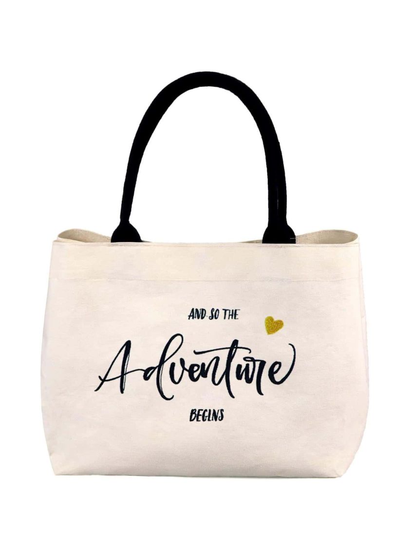 BeeGreen Bridal Shower Gift for Bride Pocket & Magnetic Snaps Canvas Tote Bag with Handle & Bottom Gusset And so the Adventure Begins Wedding Bachelorette Engagement Gift for Newlywed