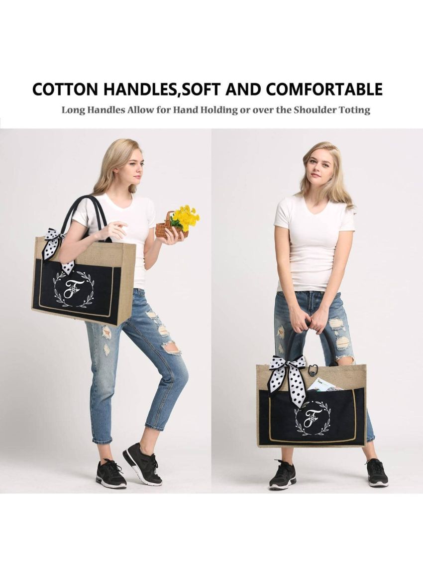 BeeGreen Initial Tote Bags Burlap Bags with Inner Zipper Pocket Jute Birthday Gifts for Women with Canvas Front Pocket Monogrammed Embroidery Beach Tote Bags for Mom Bridesmaid Teacher Friends F