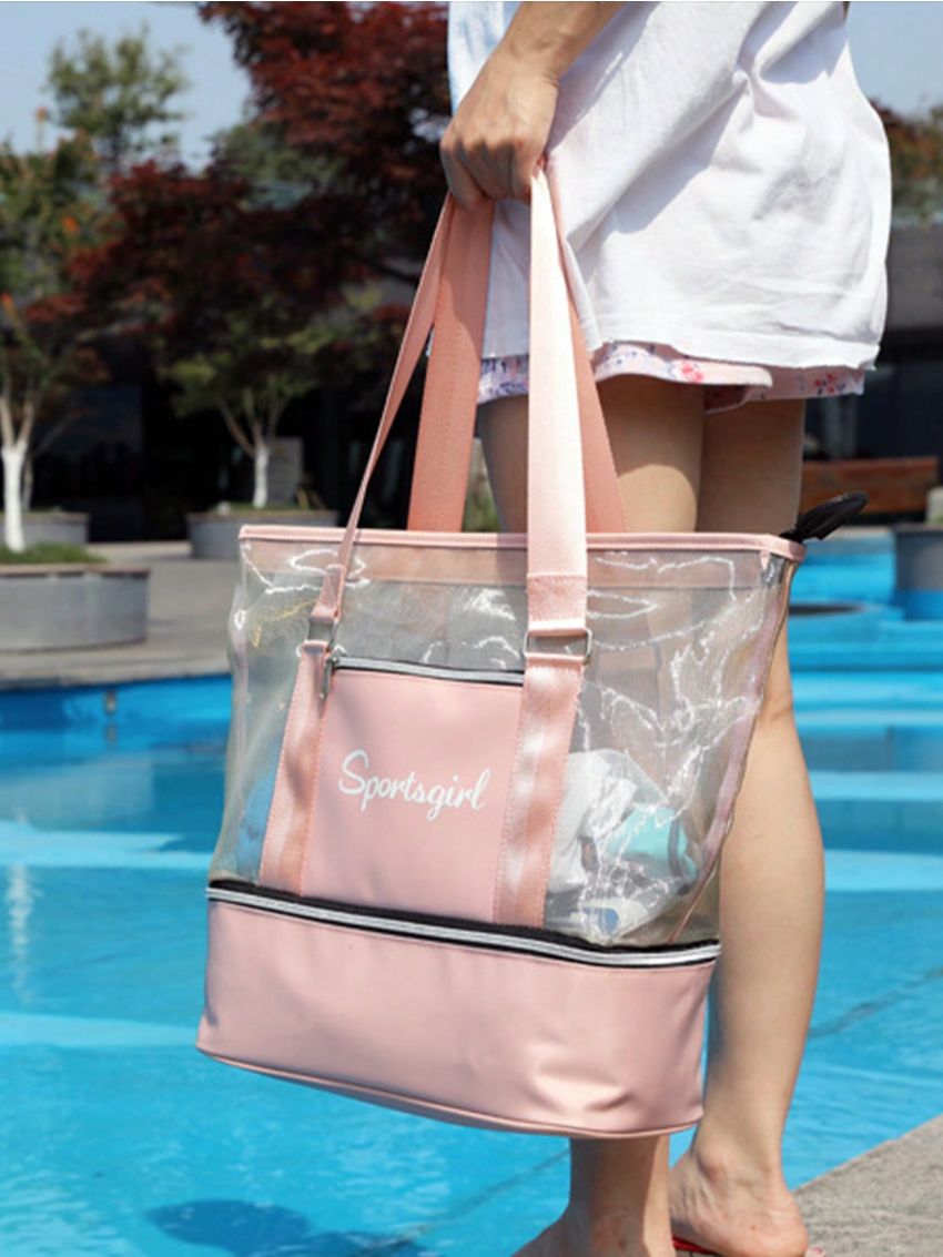 Letter Graphic Shoulder Tote Bag Double Handle Clear