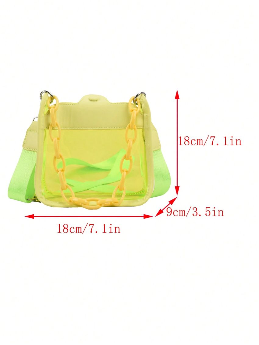 Minimalist Square Bag Mini Chain Decor Neon Yellow Funky, Clear Bag