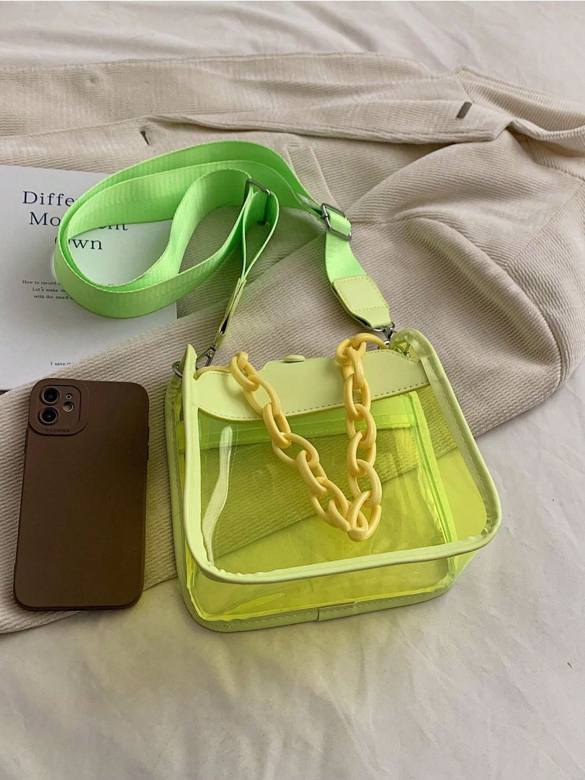 Minimalist Square Bag Mini Chain Decor Neon Yellow Funky, Clear Bag