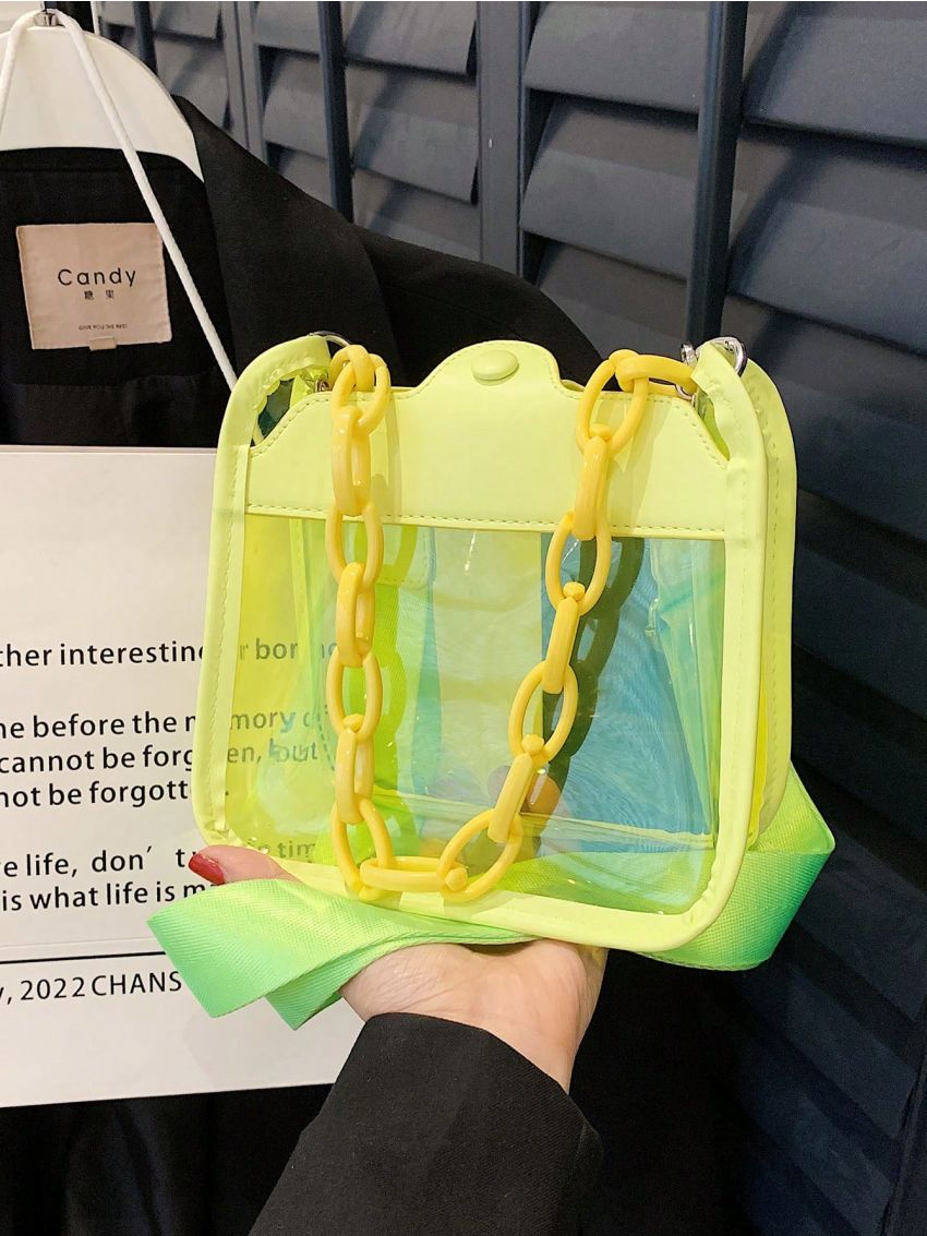 Minimalist Square Bag Mini Chain Decor Neon Yellow Funky, Clear Bag