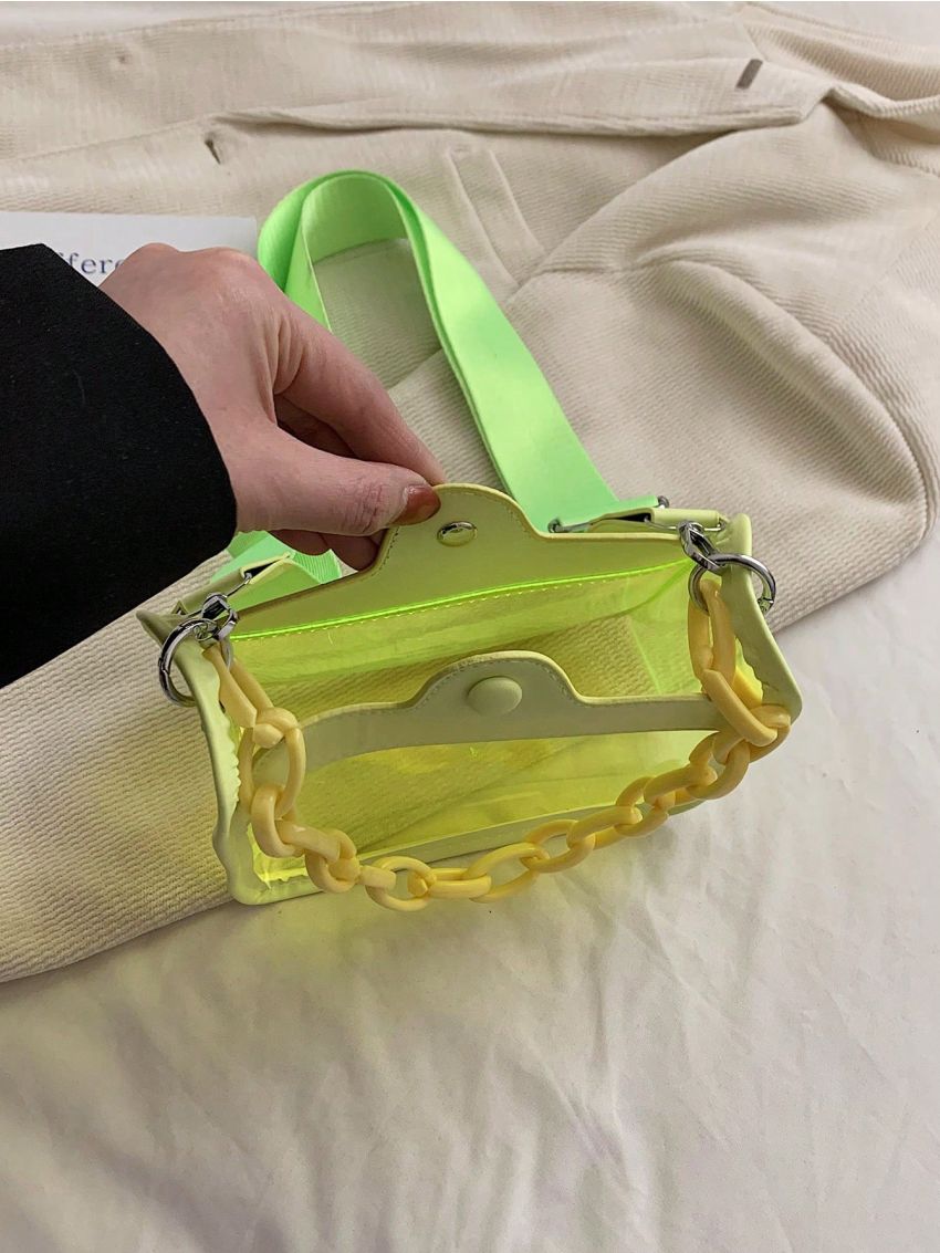 Minimalist Square Bag Mini Chain Decor Neon Yellow Funky, Clear Bag