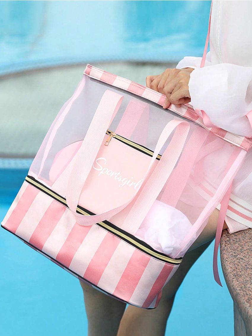 Striped Pattern Beach Bag Wet Dry Pocket For Vacation & Gym