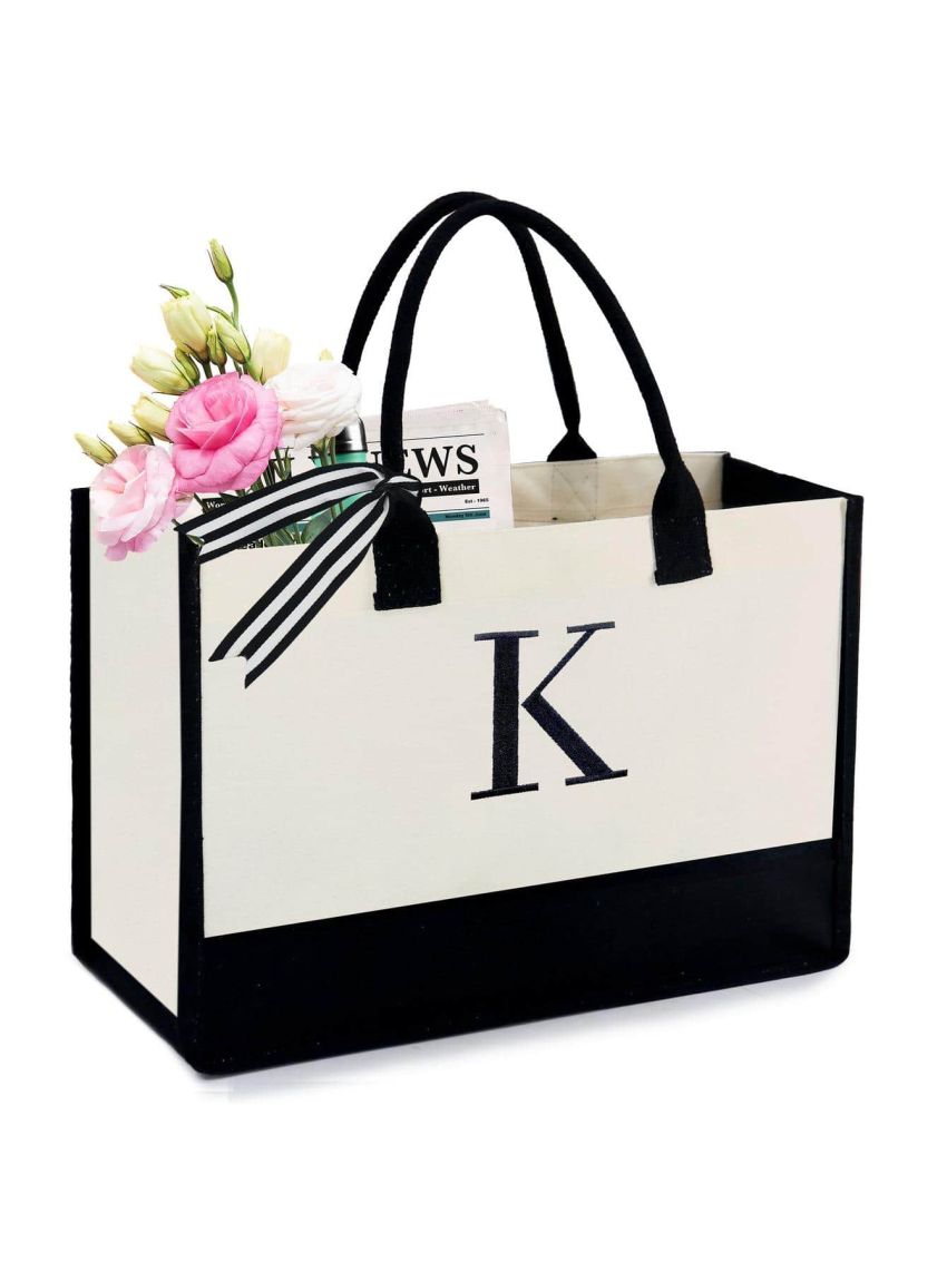 BeeGreen Gift Ideas Birthday Gifts For Mom Embroidery 13oz Canvas Tote Bag with Pocket Teacher Personalized Tote Bag For Women Initial Tote Bag Unique Gifts For Women Friends Her Mother Beach Bag