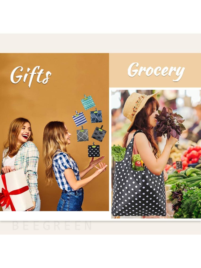 BeeGreen Shopping Bags Reusable Grocery Tote Bags 6 Pack XLarge 50LBS Ripstop Geometric Fashion Recycling Bags with Pouch Bulk Machine Washable Nylon Bags Black Gray Blue Navy Teal Christmas …