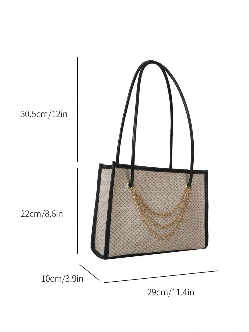 Medium Straw Bag Contrast Binding Chain Decor