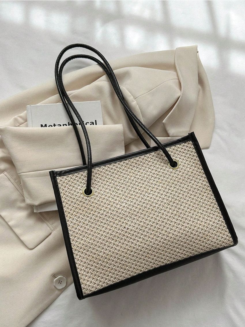 Medium Straw Bag Contrast Binding Chain Decor