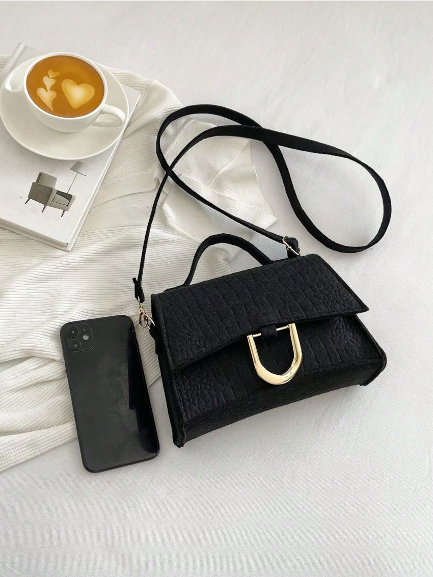 Small Flap Square Bag Embossed Detail Metal Decor Black