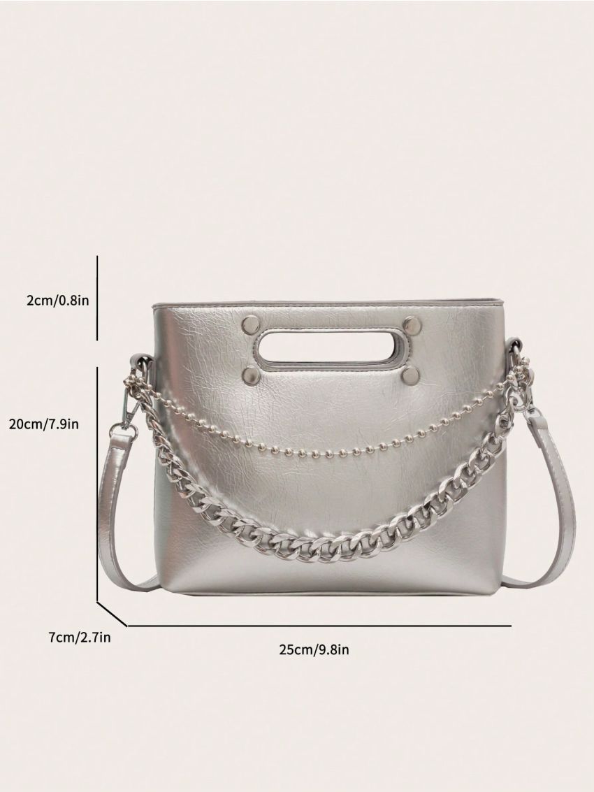 Studded Detail Square Bag Chain Metallic Funky