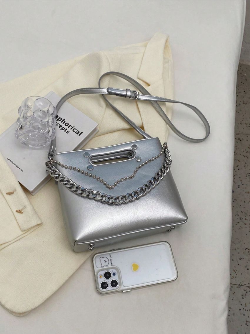 Studded Detail Square Bag Chain Metallic Funky