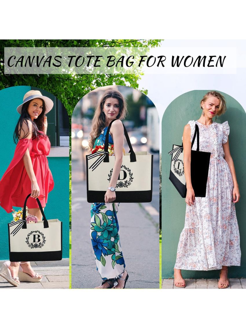 BeeGreen Teacher Gifts Personalized Gifts for Women Initial Tote Bag with Pocket Embroidery Monogram Beach Tote Bag 13OZ Canvas Large Tote Bag Aesthetic for Bridesmaids Mother Gift Bag U