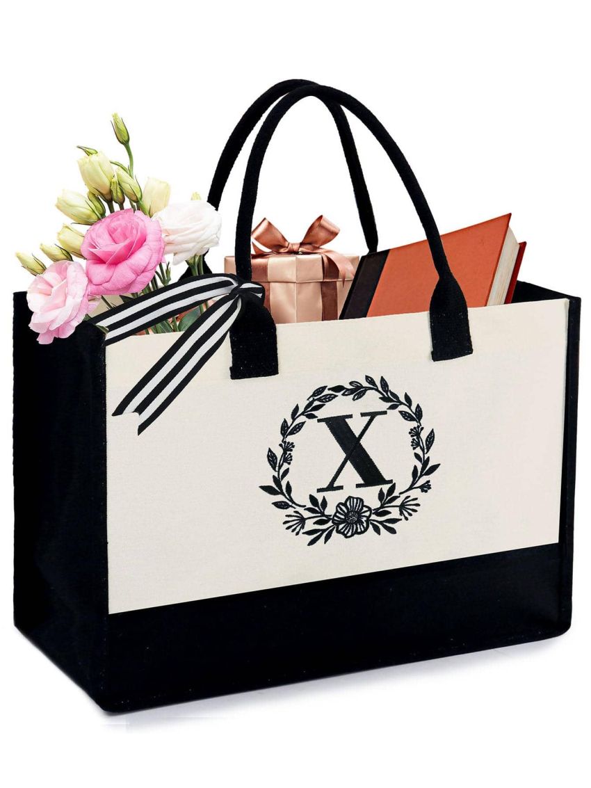 BeeGreen Teacher Gifts Personalized Gifts for Women Initial Tote Bag with Pocket Embroidery Monogram Beach Tote Bag 13OZ Canvas Large Tote Bag Aesthetic for Bridesmaids Mother Gift Bag X