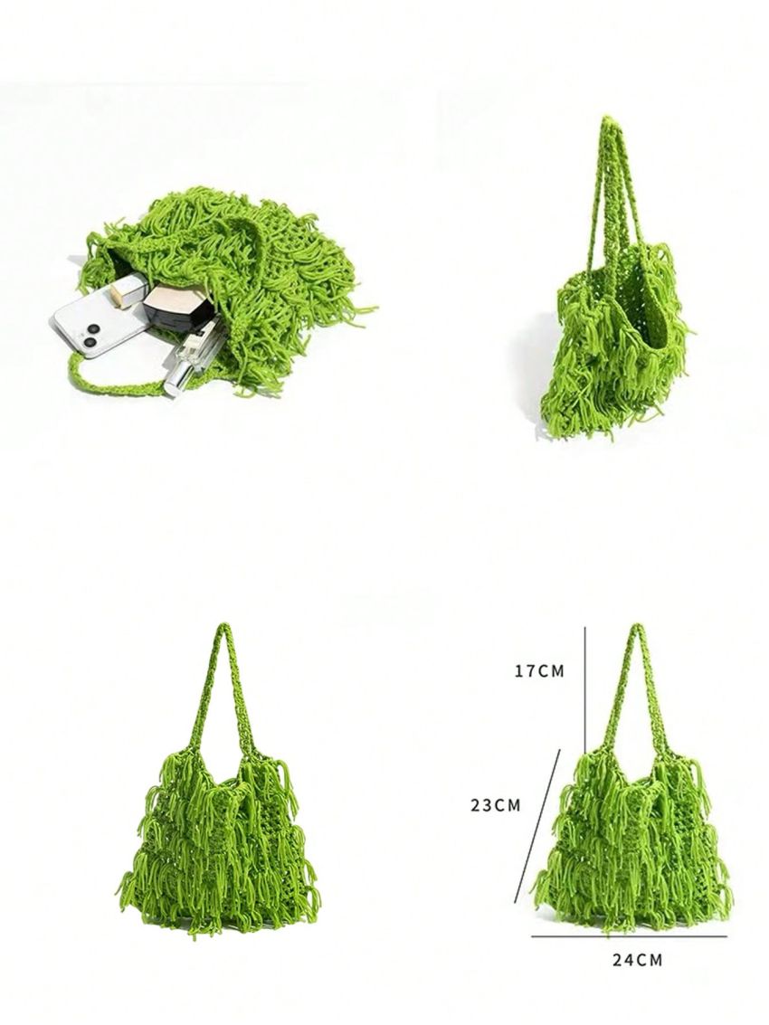 Small Crochet Bag Green Fringe Decor