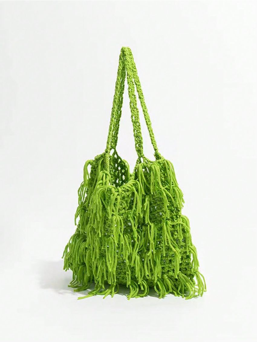 Small Crochet Bag Green Fringe Decor