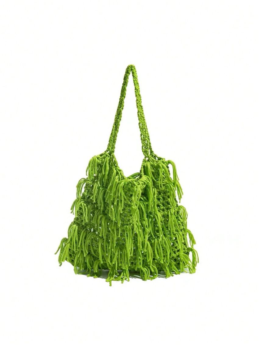 Small Crochet Bag Green Fringe Decor