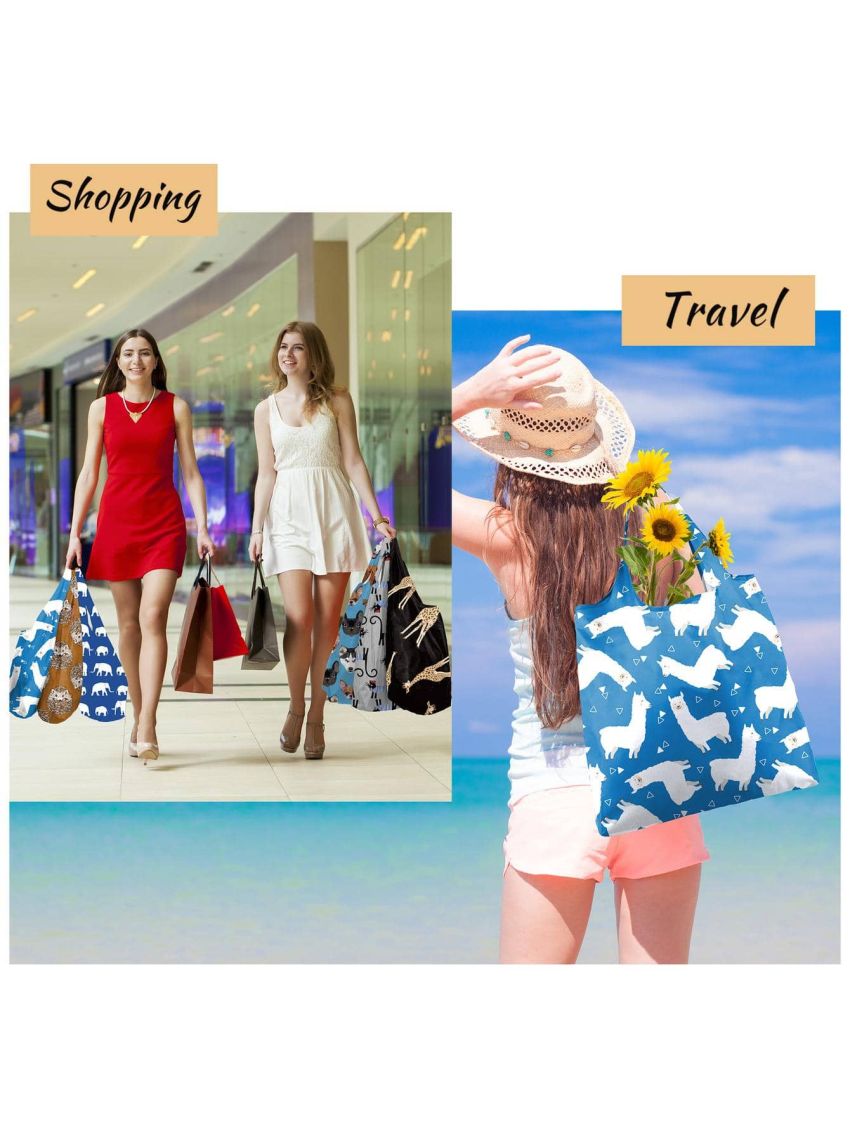 BeeGreen Cat Shopping Bags Reusable Dog Grocery Bags Large 50LBS Durable Machine Washable Ripstop FoldIng into Pouch 6 Pack Elephant Giraffe Alpaca