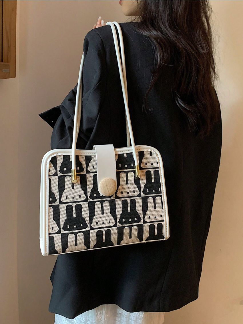 Medium Square Bag Cartoon Rabbit Pattern Button Decor