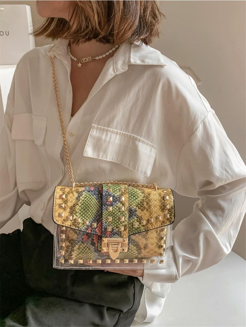 Snakeskin Embossed Square Bag Studded Decor Funky