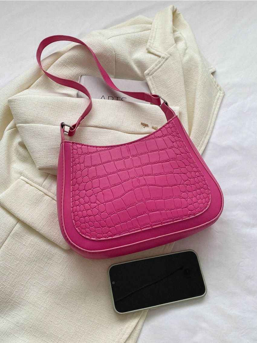 Crocodile Embossed Hobo Bag Medium Zipper Neon Pink Funky