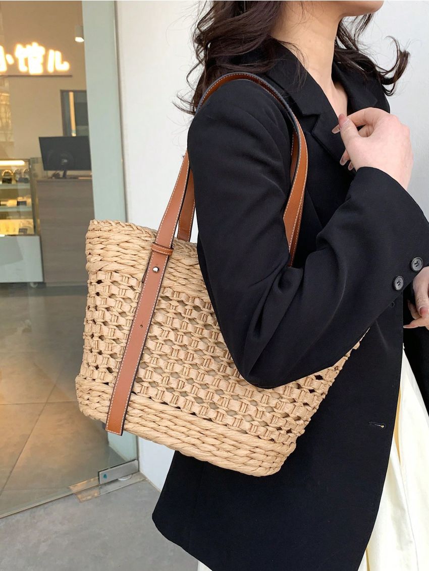Hollow Out Design Straw Bag Double Handle Vacation