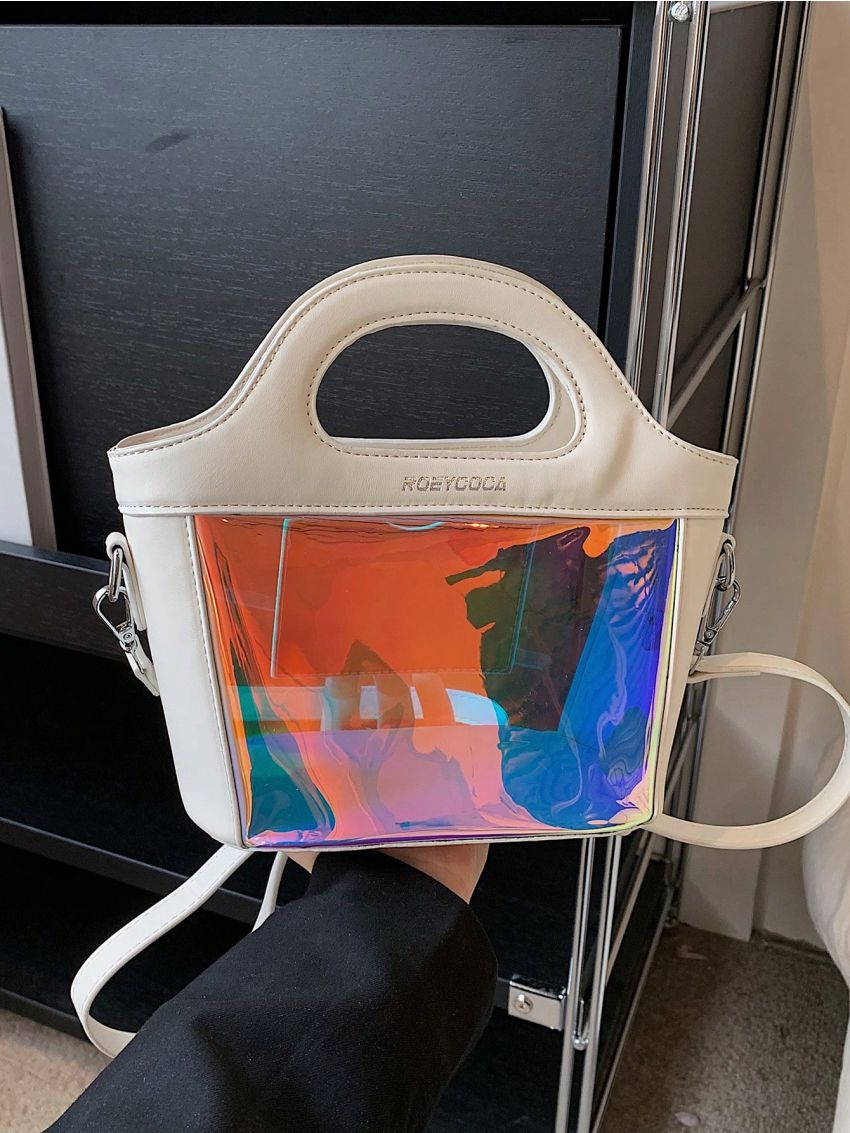 Letter Graphic Satchel Bag Medium Double Handle Holographic
