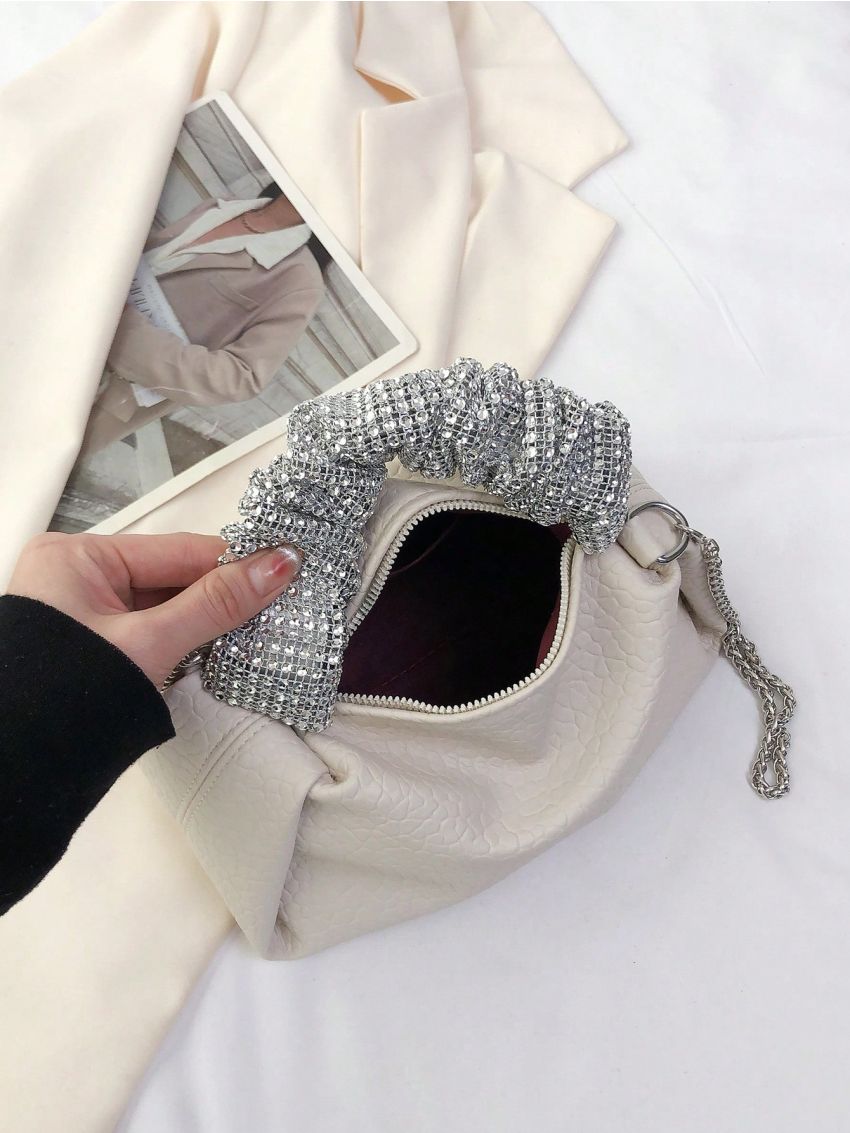 Minimalist Hobo Bag Small Rhinestone Decor Top Handle