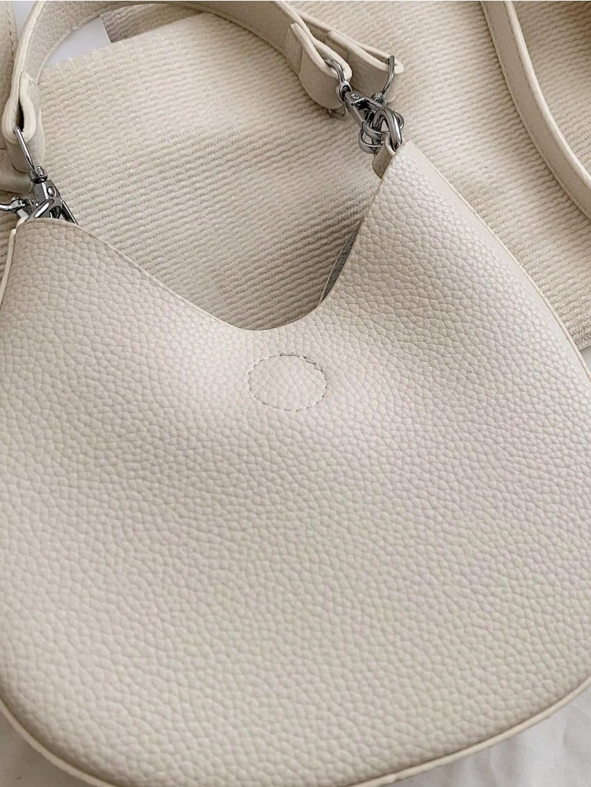 Minimalist Hobo Bag Mini Litchi Embossed White