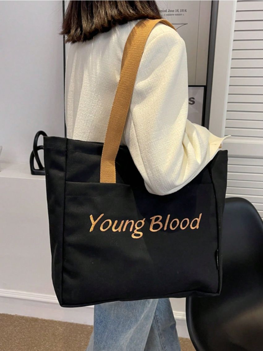 Letter Graphic Shoulder Tote Bag Large Capacity Black
