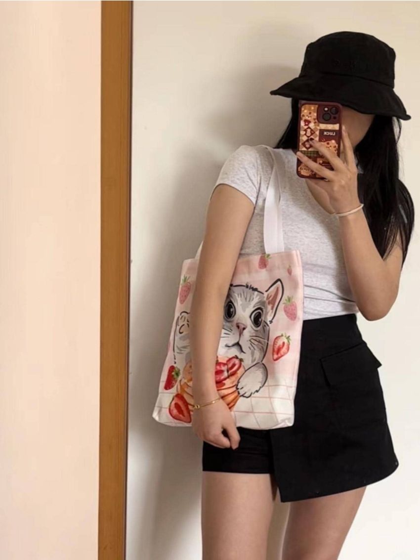 1pc Cartoon Cat Print Storage Bag, Modern Polyester Shopping Bag For Home