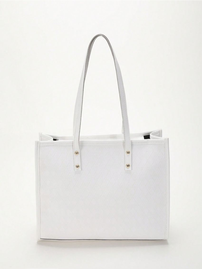 Geometric Pattern Shoulder Tote Bag Small White Elegant