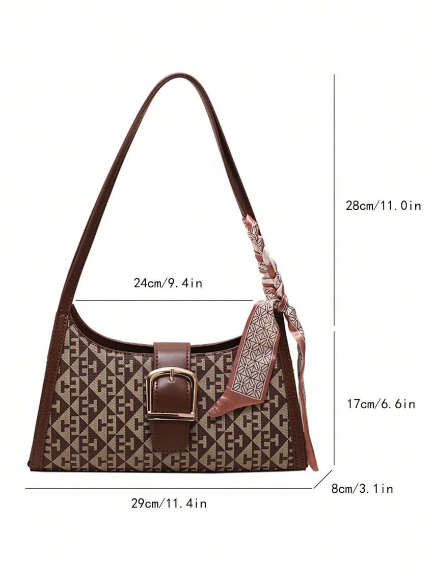 Geometric Pattern Baguette Bag Twilly Scarf & Buckle Decor