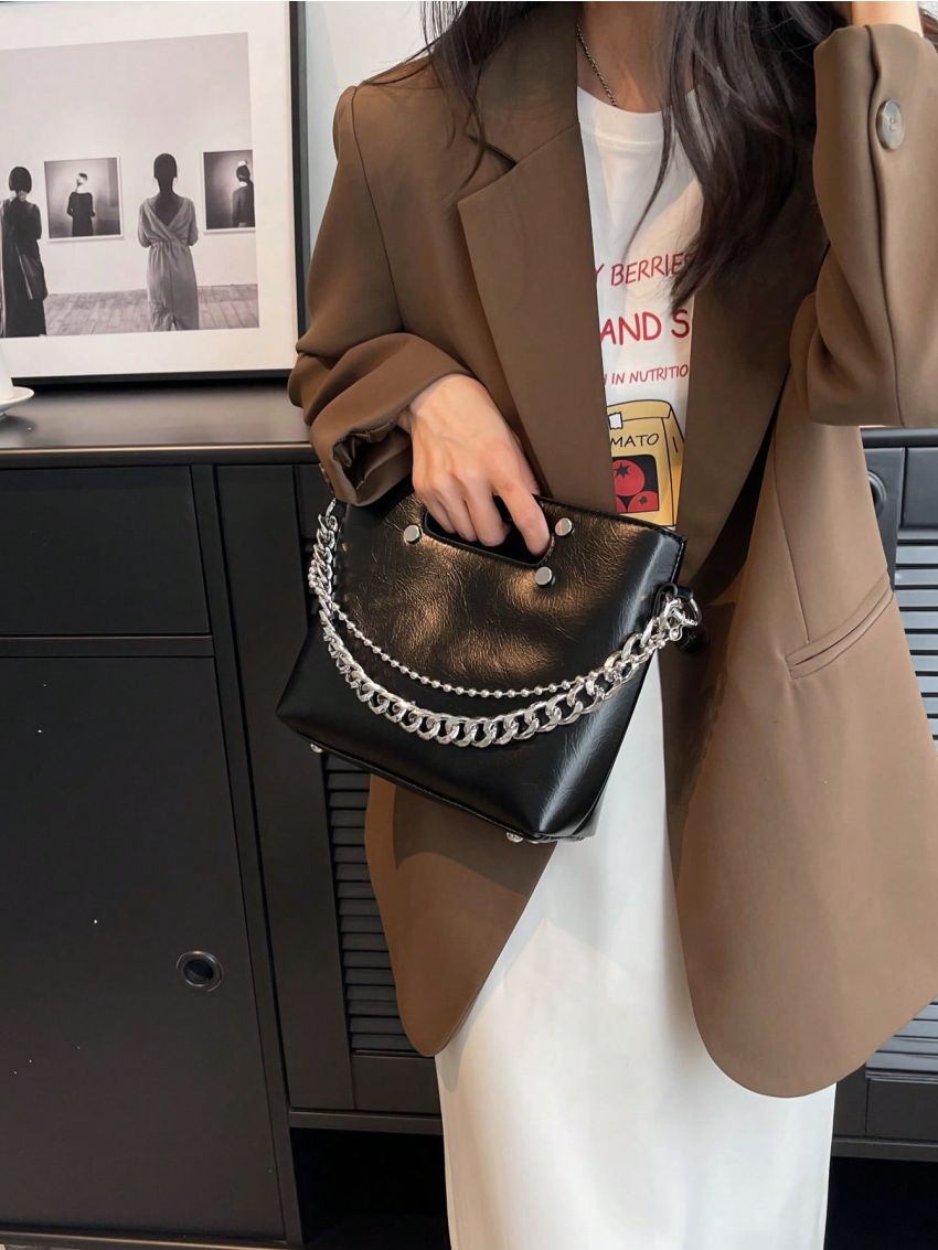 Studded & Chain Decor Square Bag Medium Black