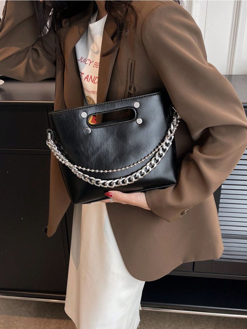 Studded & Chain Decor Square Bag Medium Black