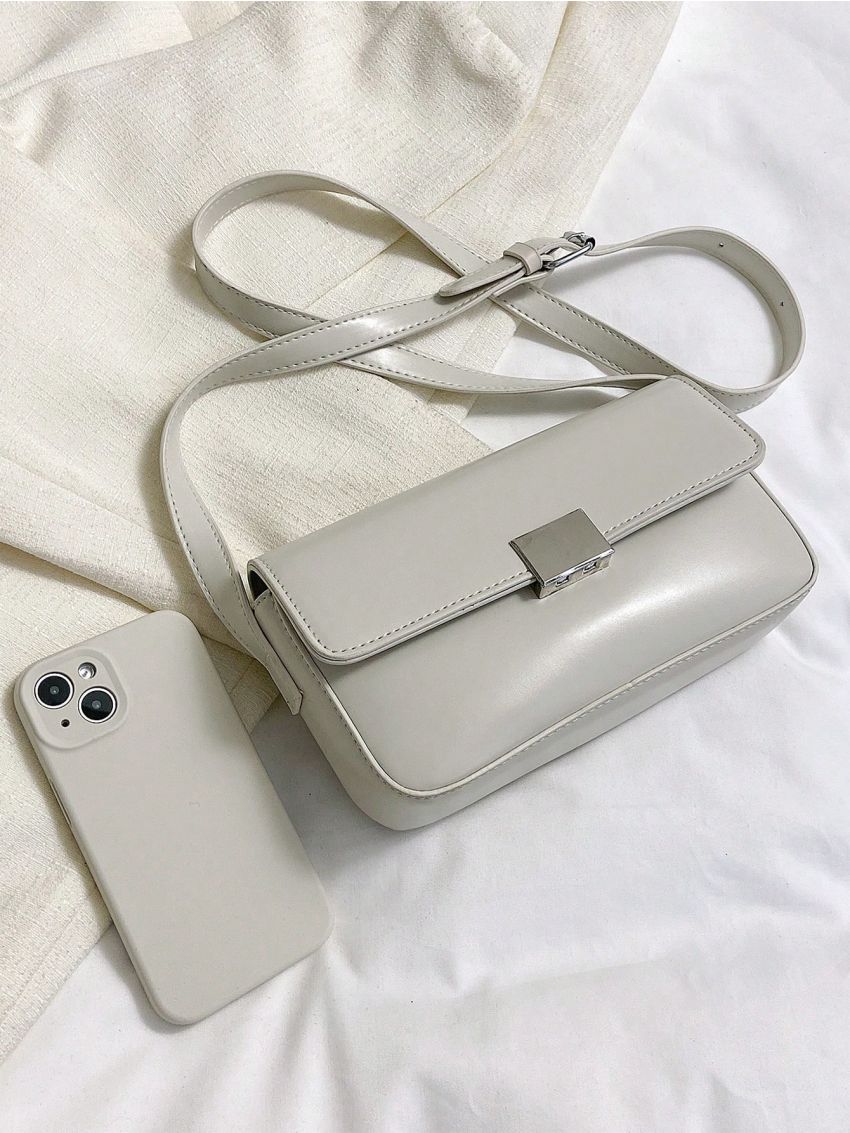 Minimalist Square Bag Small Flap Metal Decor White