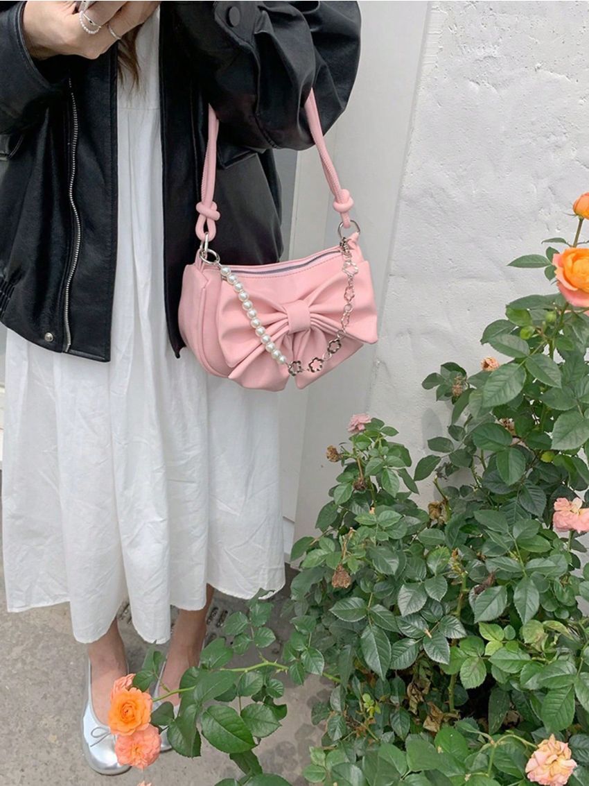 Faux Pearl Beaded Hobo Bag Small Bow Decor