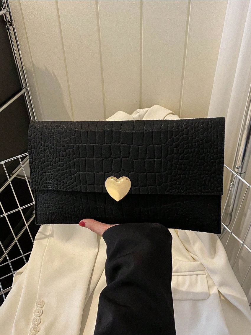 Crocodile Embossed Envelope Bag Heart Decor Flap