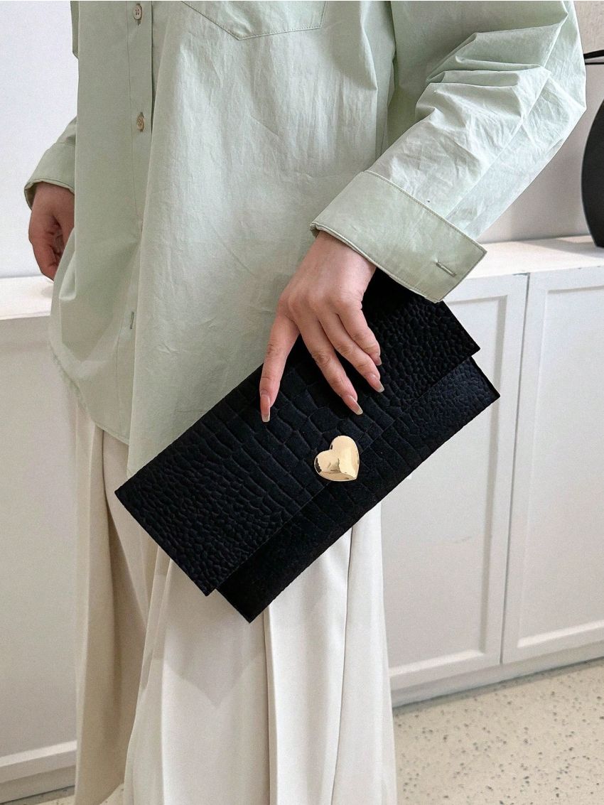 Crocodile Embossed Envelope Bag Heart Decor Flap