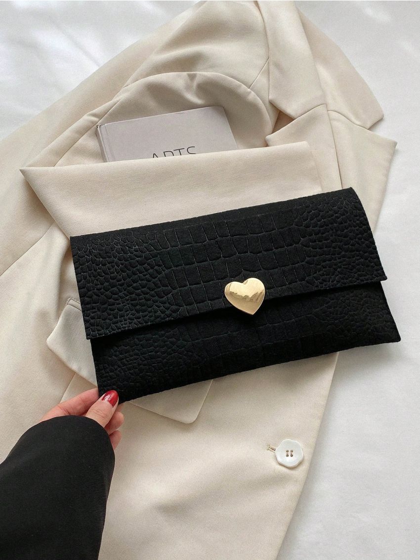 Crocodile Embossed Envelope Bag Heart Decor Flap