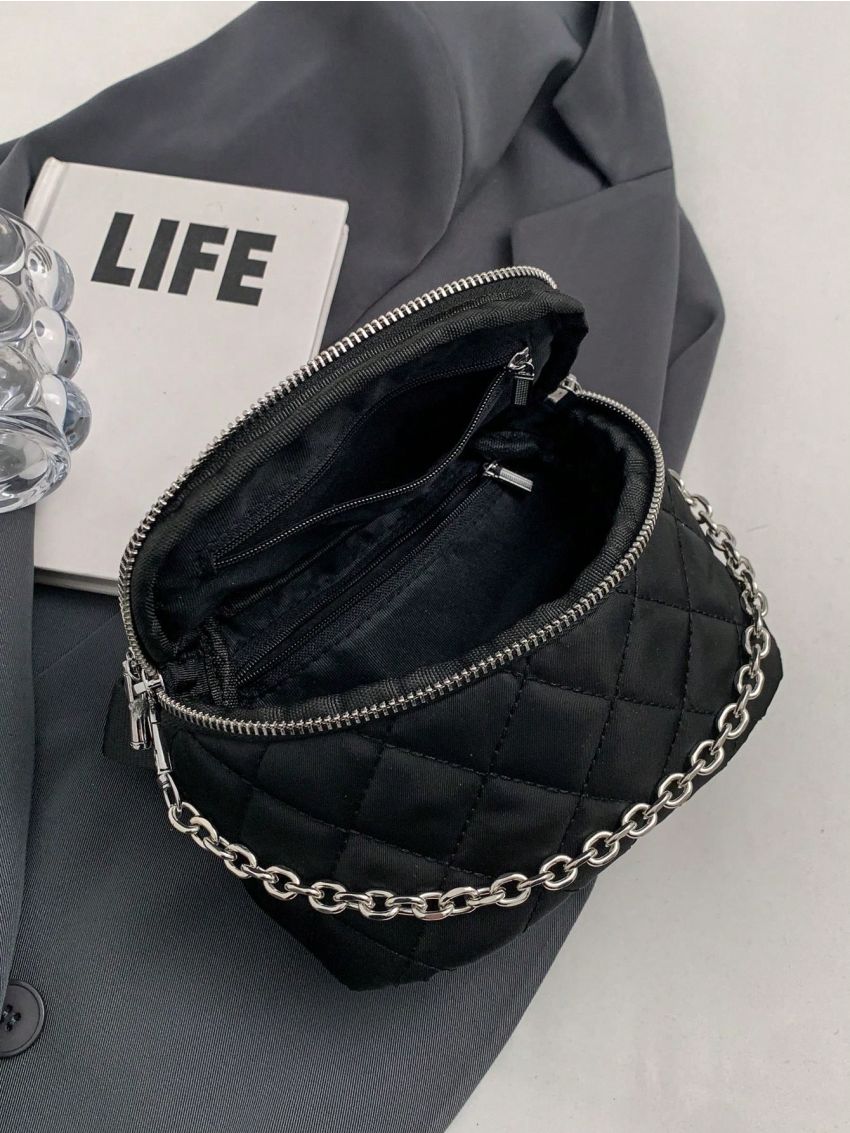 Quilted Square Bag Mini Chain Decor Black Zipper