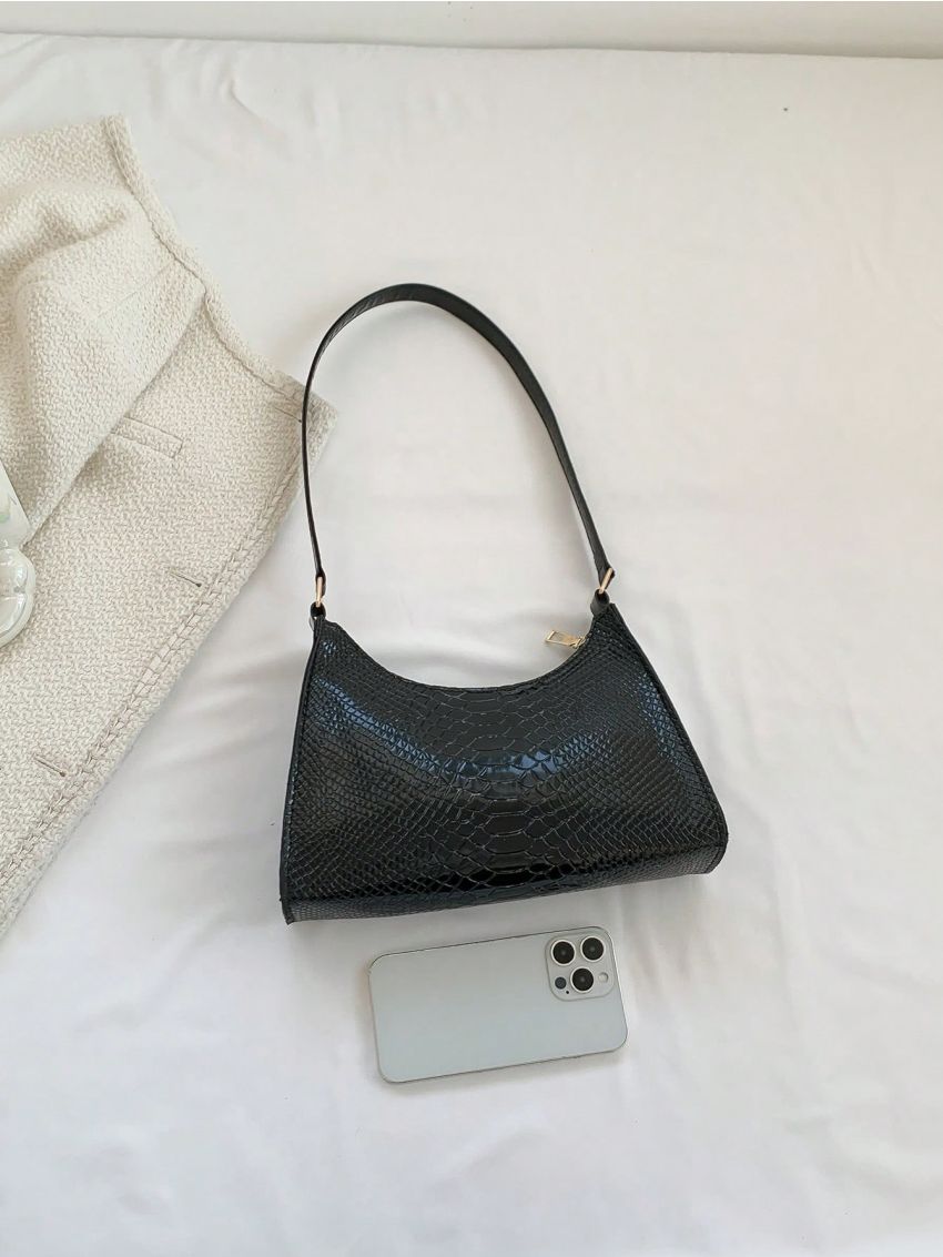 Snakeskin Embossed Baguette Bag Medium Black Zipper