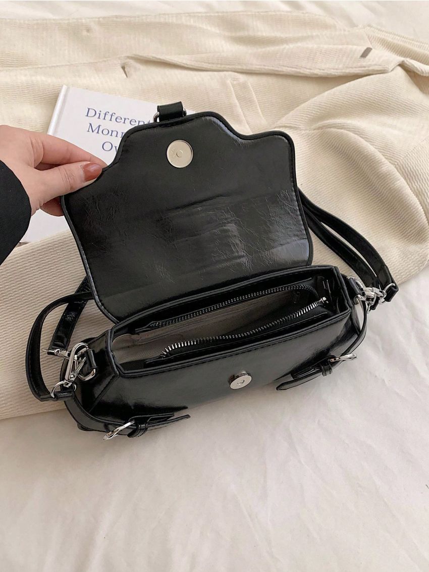 Minimalist Baguette Bag Medium Buckle Decor Black