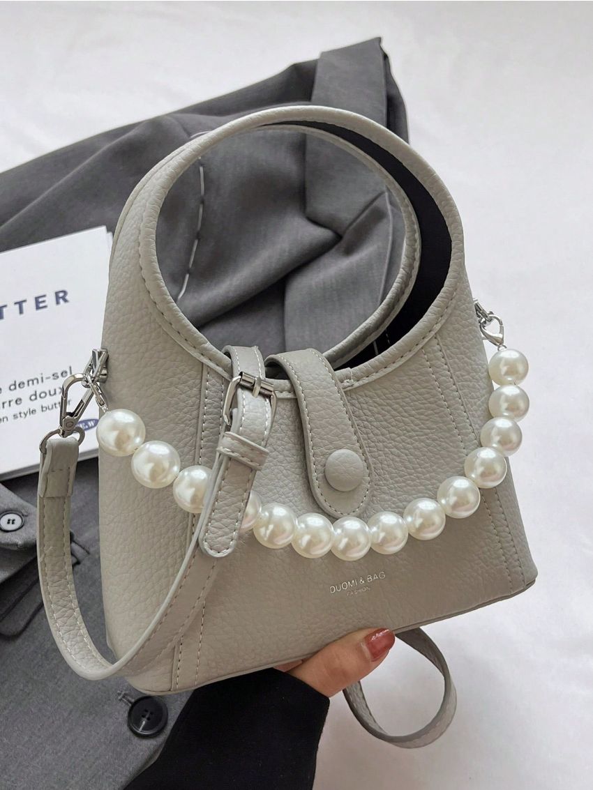 Faux Pearl Beaded Hobo Bag Letter Graphic Gray