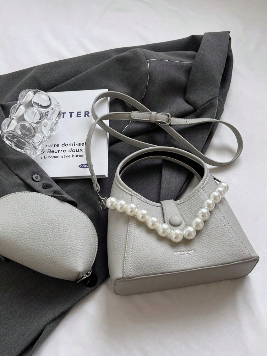 Faux Pearl Beaded Hobo Bag Letter Graphic Gray