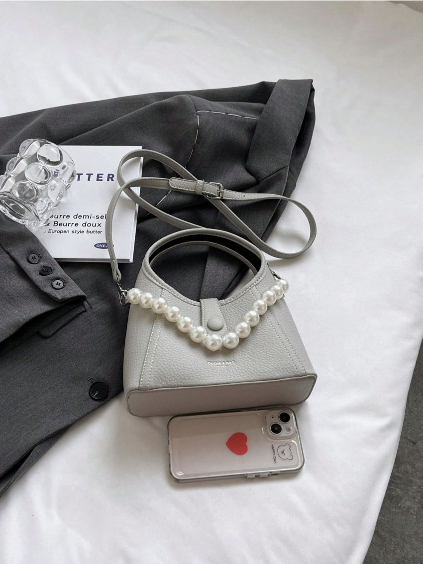 Faux Pearl Beaded Hobo Bag Letter Graphic Gray