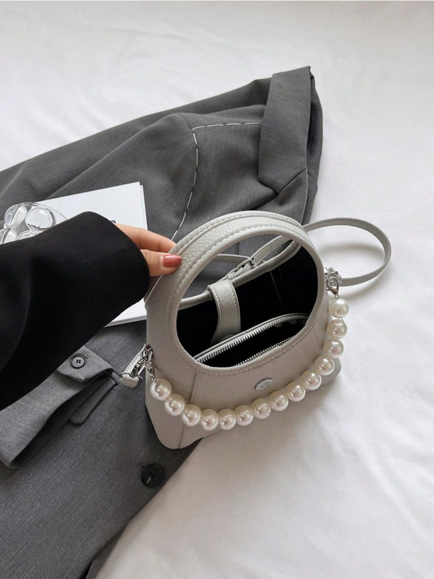 Faux Pearl Beaded Hobo Bag Letter Graphic Gray