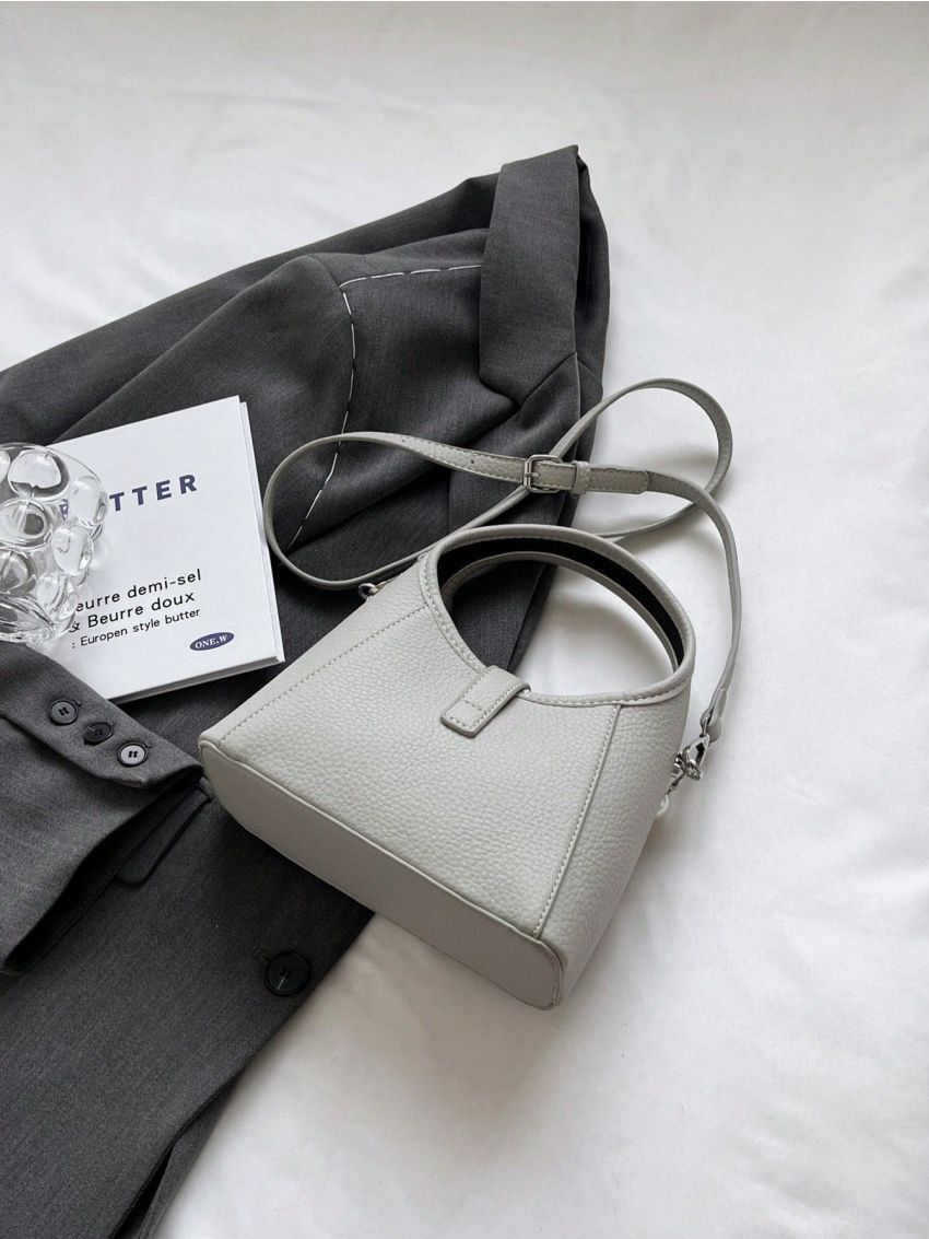 Faux Pearl Beaded Hobo Bag Letter Graphic Gray