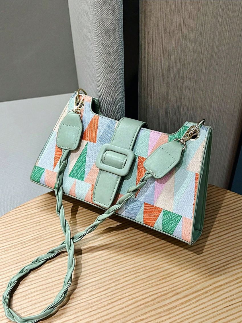 Geometric Pattern Baguette Bag Mini Buckle Decor