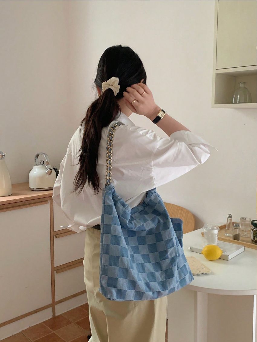 Medium Hobo Bag Chessboard Pattern Chain Strap For Daily